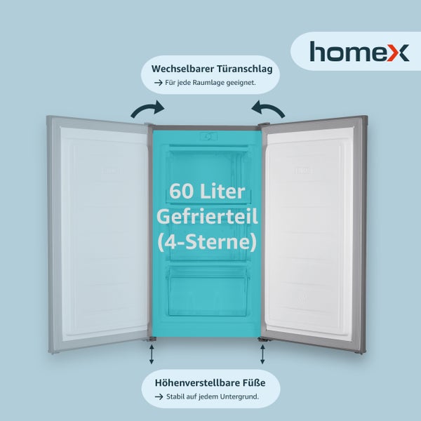 homeX Gefrierschrank Tiefkühlschrank klein 60L Nutzinhalt 4-Sterne Gefrieren Freezer kompakt freistehend silber