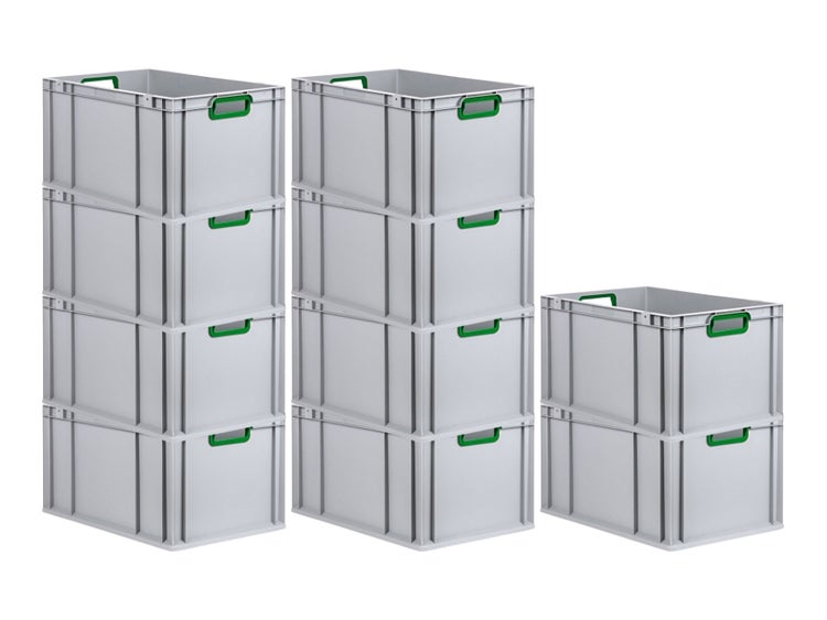 PROREGAL Spar Set 10x Eurobox Nextgen Color HxBxT 32 x 40 x 60 cm 65 Liter Griffe Grün Offen Verstärkter Boden Eurobehälter Transportbox