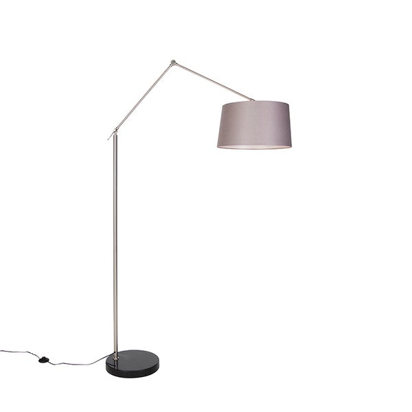 QAZQA - Moderne Stehleuchte I Stehlampe I Standleuchte I Lampe I Leuchte Stahl I Silber I nickel matt Leinenschirm dunkelgrau 45 cm - Editor I Wohnzimmer I Schlafzimmer - Leinen Länglich - LED geeigne