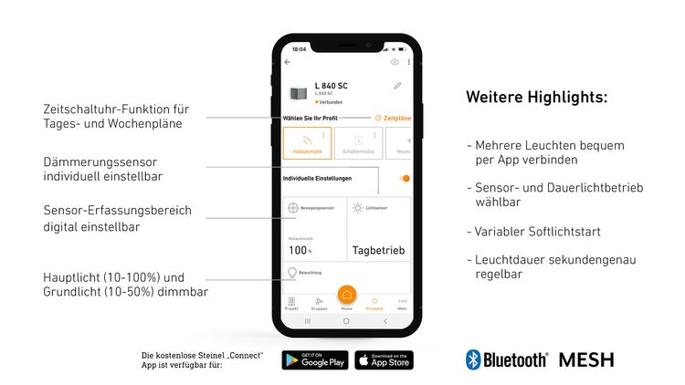 Smartphone mit Steinel Connect App zur Steuerung von Leuchten, Funktionen wie Zeitschaltuhr, Dämmerungssensor und Dimmen, Bluetooth MESH Logo.