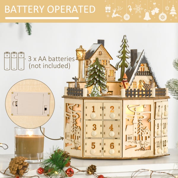 Beleuchteter Adventskalender aus Holz mit winterlicher Szene, Häusern und Tannenbäumen, batteriebetrieben für drei AA Batterien.