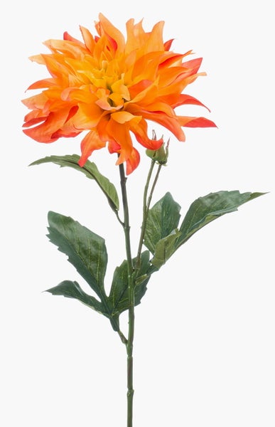Künstliche Dahlie aus Textil in Gelb und Orange.