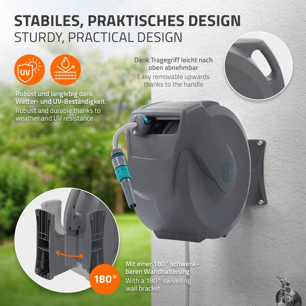 ECD Germany Schlauchaufroller 20m+2m, Schlauchtrommel, Wand-Schlauchbox RollUp mit Arretierstop und 9 Sprühfunktionen, 180° Schwenkbar, Automatischer Wasser Gartenschlauch-Aufroller zur Wandmontage