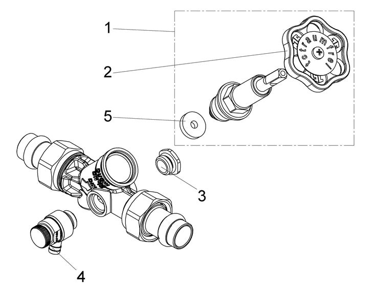 Technische Zeichnung eines Absperrventils mit durchnummerierten Einzelteilen wie Handrad, Ventiloberteil, Dichtung, Verschlussstopfen und Entleerungsventil.