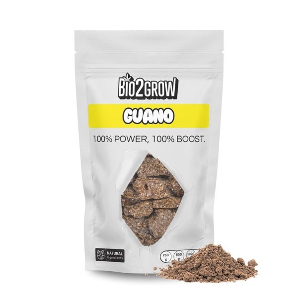 Bio2Grow Guano Dünger in einer Verpackung mit Sichtfenster