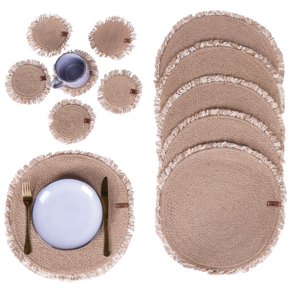 Runde Platzsets und Untersetzer aus Jute mit Fransen im Set