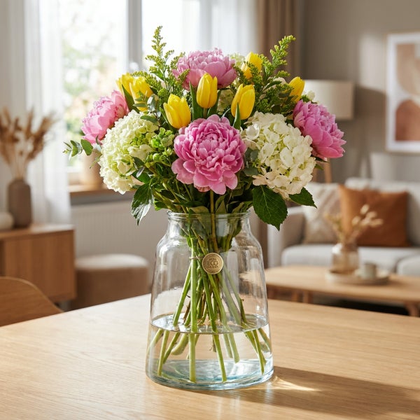 Bunter Blumenstrauß aus Pfingstrosen, Tulpen und Hortensien in einer transparenten Glasvase auf einem Holztisch in einem Wohnraum.