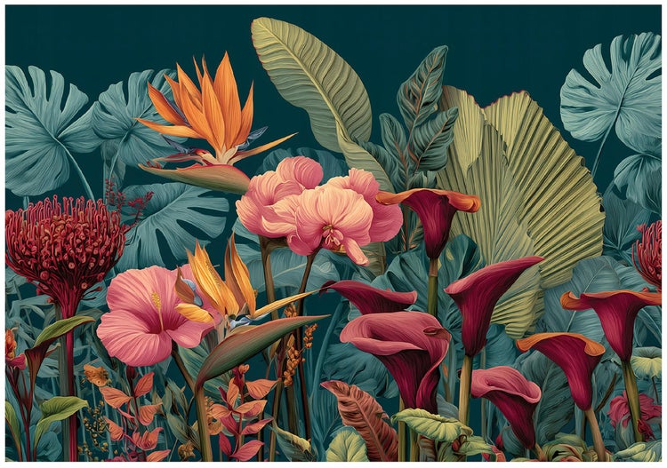 Vliestapete mit tropischem Blumenmuster und Dschungelblättern auf dunklem Hintergrund für eine botanische Wandgestaltung.