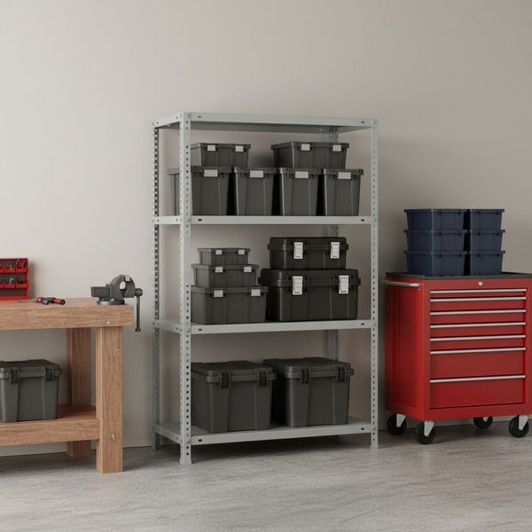 Helle, organisierte Werkstatt mit grauem Metallregal, schwarzen Lagerboxen, einer Holzwerkbank mit Schraubstock und einem roten Werkstattwagen.