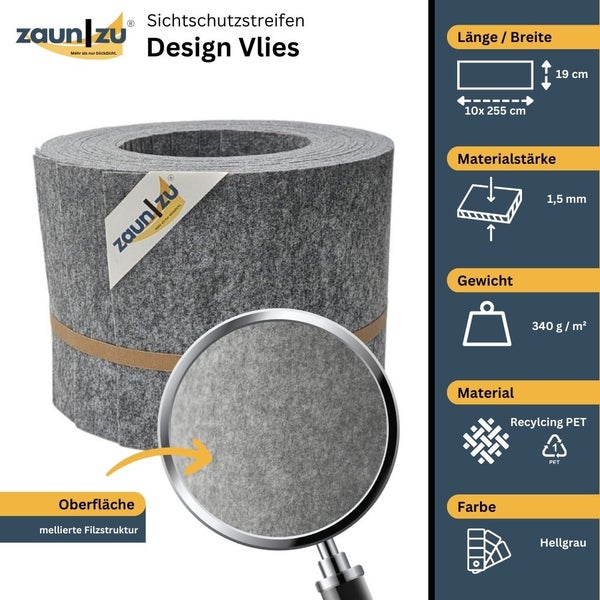 Zaun zu Sichtschutzstreifen Design Vlies aus recyceltem PET, hellgrau, Filzstruktur, 10 Stück je 255 cm lang und 19 cm breit