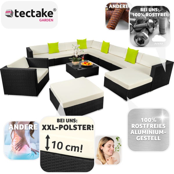 Rattan Lounge tectake Las Vegas mit Sicherheitsglasplatte mit Aluminiumgestell schwarz