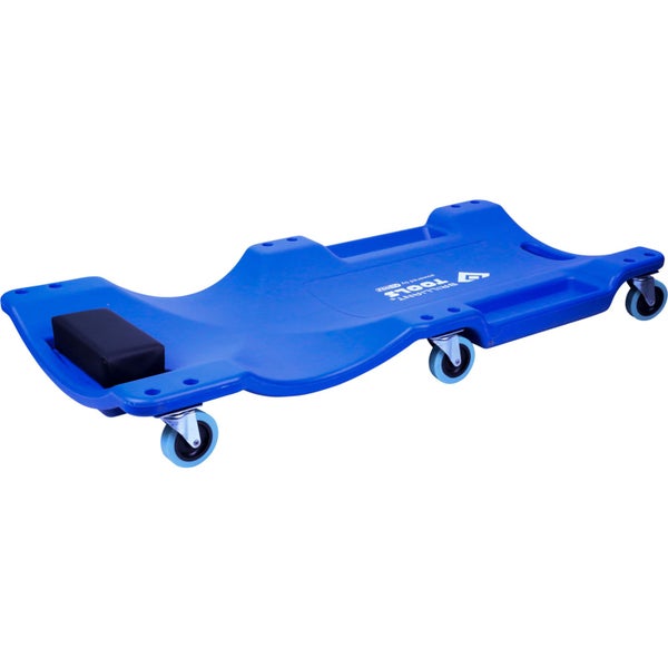 Blaue Werkstatt-Rolliege aus Kunststoff mit sechs Lenkrollen und einem gepolsterten Kopfteil.