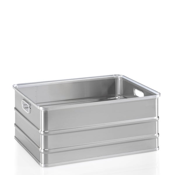 Rechteckige Transportbox aus Aluminium mit verstärkten Seitenwänden und Grifföffnungen.