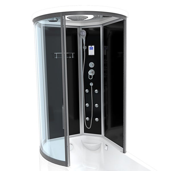 Moderne Dampfdusche und Whirlpool Badewanne Kombination in einem hellen Badezimmer mit Glaswänden, Massagedüsen und Kopfstütze.
