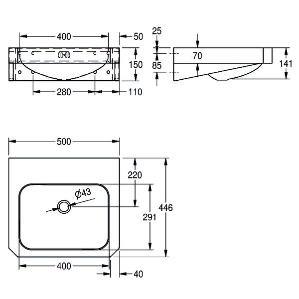 Technische Maßzeichnung für ein Waschbecken mit detaillierten Angaben in Millimetern.