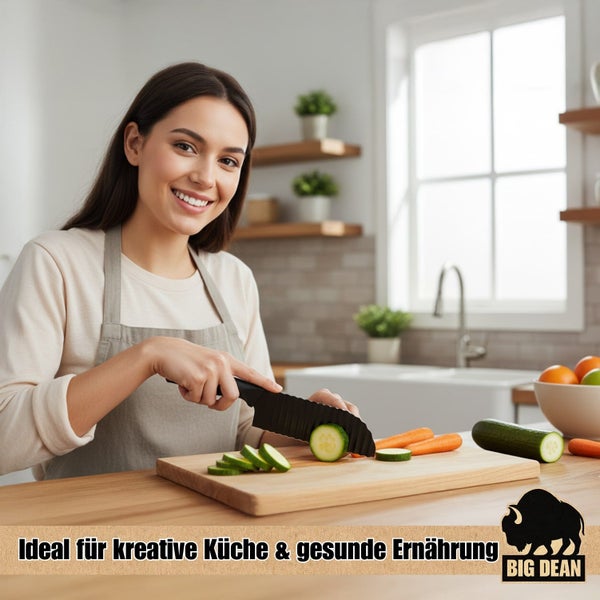 Eine Frau schneidet Gemüse auf einem Holzbrett in einer modernen, hellen Küche. Big Dean Logo mit Werbetext für kreative Küche.