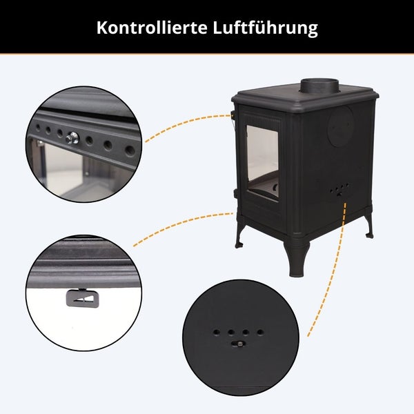 Kaminofen aus Gusseisen mit kontrollierter Luftführung durch drei separate Luftregler und Belüftungsöffnungen.