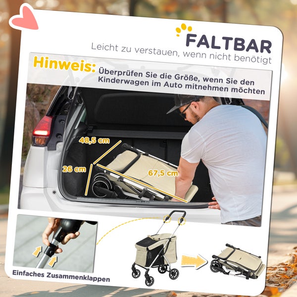 PawHut Hundewagen leicht Hundebuggy aus Aluminium klappbar für Hunde & Katzen Katzenbuggy mit Kissen Netzfenstern Türen Aufbewahrungskorb Katzenwagen Buggy Khaki