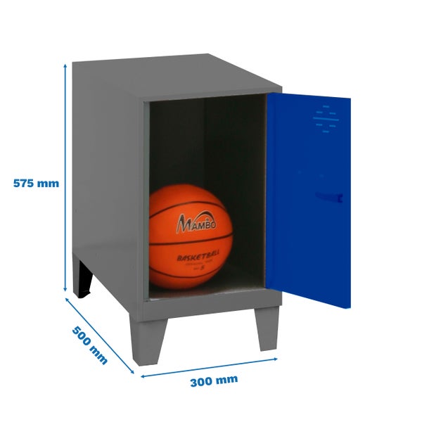 Metallspind mit offener blauer Tür und einem Basketball darin, Maße: 575 x 500 x 300 Millimeter
