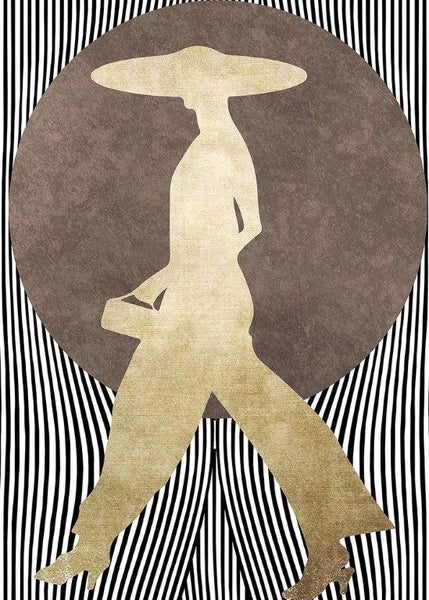 Abstraktes Wandbild mit der Silhouette einer gehenden Person mit Hut vor einem kreisförmigen Element auf einem gestreiften Hintergrund.