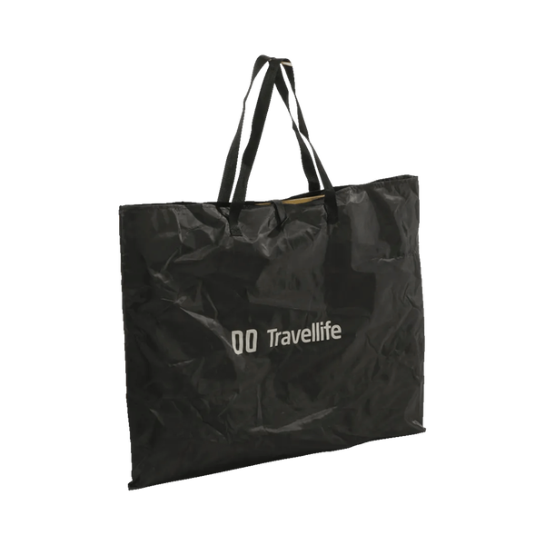 Schwarze Travellife Tasche aus Kunststoff mit Tragegriffen und Travellife Logo.