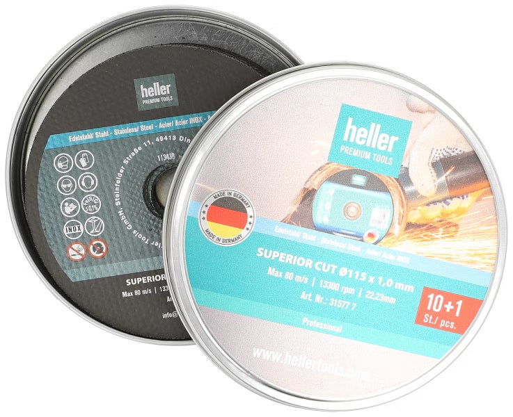 Heller Superior Cut Trennscheiben Set 10 plus 1 Stück Durchmesser 115 Millimeter für Edelstahl und Stahl in Metallschachtel