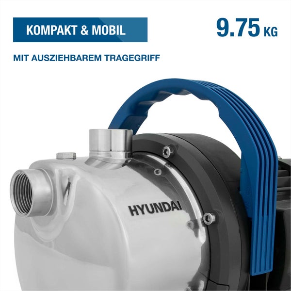 Hyundai Gartenpumpe aus Edelstahl mit ausziehbarem Tragegriff, Gewicht 9,75 Kilogramm, Hyundai Logo.
