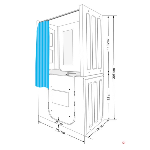 Maßskizze einer Duschkabine mit Vorhang: 100 Zentimeter breit, 78 Zentimeter tief und 205 Zentimeter hoch. Einstiegshöhe 25 Zentimeter.