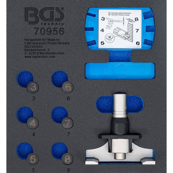 BGS technic Logo, Zahnriemenstärken-Messlehre Set in einer Schaumstoffeinlage mit Messwerkzeug und nummerierten Einsätzen von 3 bis 8.