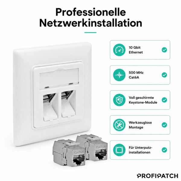 PROFIPATCH Netzwerkdose mit zwei voll geschirmten Cat6A Keystone-Modulen, für Unterputz-Installationen und werkzeuglose Montage.
