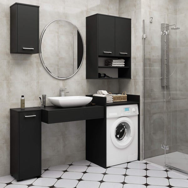 Modernes Badezimmer mit Waschmaschine, Waschbecken, Spiegelschrank und Dusche