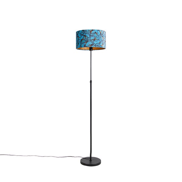 QAZQA - Klassisch I Antik Stehlampe schwarz mit Veloursschirm Schmetterlinge 35 cm - Parte I Wohnzimmer I Schlafzimmer - Stahl Zylinder I Länglich I Rund - LED geeignet E27