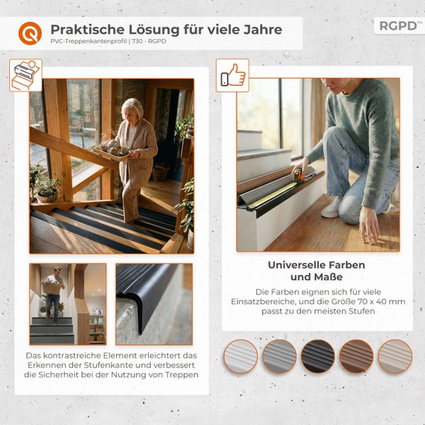Infografik für Treppenkantenprofil aus Kunststoff von RGPD für mehr Sicherheit auf Treppen. Zeigt verfügbare Farben und Anwendungsbeispiele.