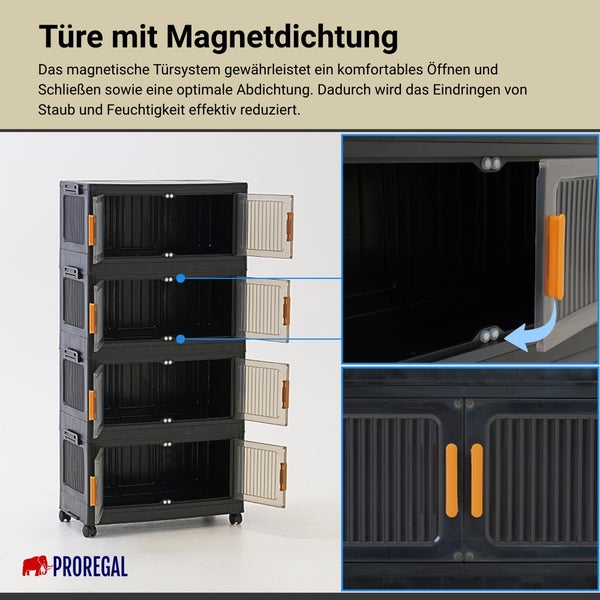 Schwarzes Kunststoffregal mit vier Etagen, transparenten Türen mit Magnetdichtung, orangefarbenen Griffen und Rollen. Proregal Logo.