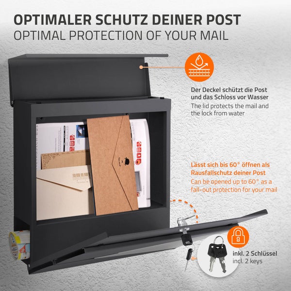 Geöffneter Briefkasten mit Briefen und zwei Schlüsseln