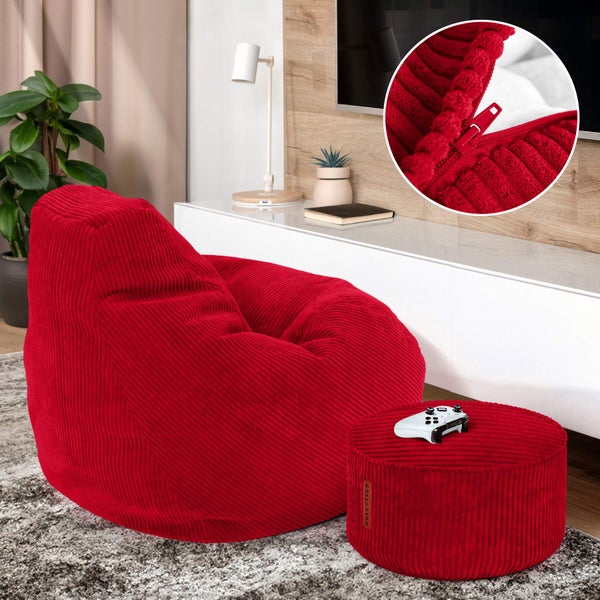 Green Bean Sitzsack mit Hocker aus Cord - Sitzsäcke für das Wohnzimmer, Schlafzimmer, Sitzsack-Sessel für Erwachsene Rot