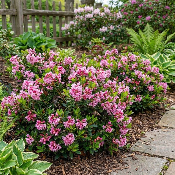 Blühende rosa Rhododendren in einem Gartenbeet mit Rindenmulch, Farnen und einem Steinpfad vor einem Holzzaun.