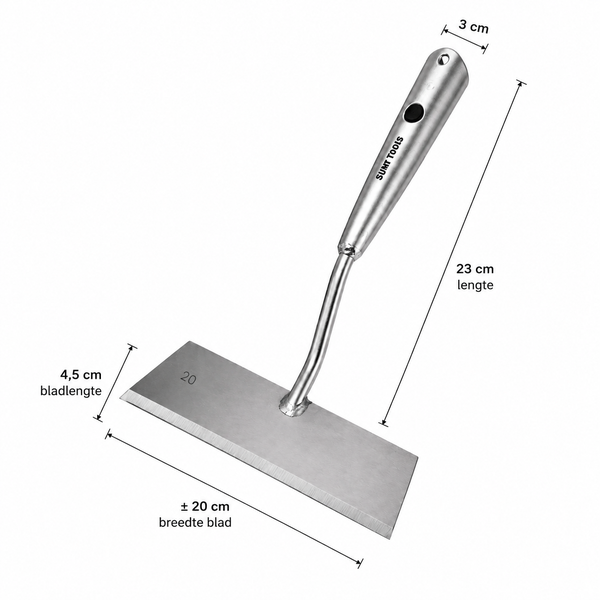 Schaber aus Edelstahl von SUMT TOOLS mit Maßen: zirka 20 Zentimeter Blattbreite, 4,5 Zentimeter Blattlänge und 23 Zentimeter Gesamtlänge.