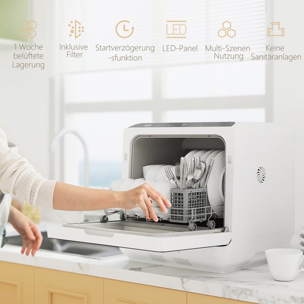Kompakter Tischgeschirrspüler in einer hellen Küche mit Funktionssymbolen für Belüftung, Filter, Startverzögerung, LED-Panel und mobile Nutzung.