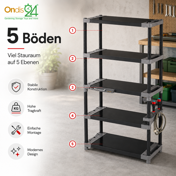 Ondis 24 Logo. Kunststoffregal mit fünf Ebenen, Werkzeughalterungen, stabiler Konstruktion, hoher Tragkraft, einfacher Montage und modernem Design.