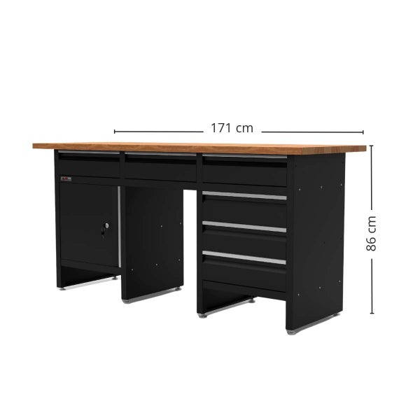 Werkbank mit Arbeitsplatte aus Holz und Metallunterbau mit Schubladen und Schrankfach, 171 Zentimeter breit und 86 Zentimeter hoch.
