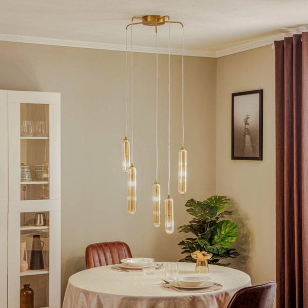 Lucande Pendelleuchte Freylin (Retro, Vintage Antik) in Creme aus Glas (5 flammig G9) - Hängelampe Esstischlampe Hängeleuchte Wohnzimmerleuchte