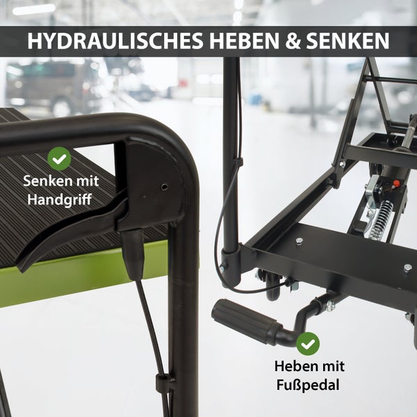Hydraulische Hebevorrichtung mit Handgriff zum Absenken und Fußpedal zum Anheben