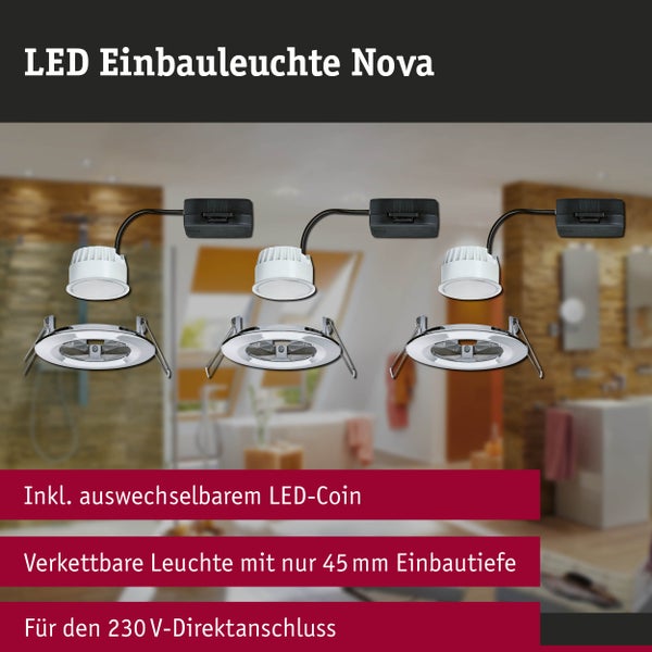 Dreier-Set LED Einbauleuchte Nova mit auswechselbarem LED-Coin, 45 Millimeter Einbautiefe und 230 Volt Direktanschluss.