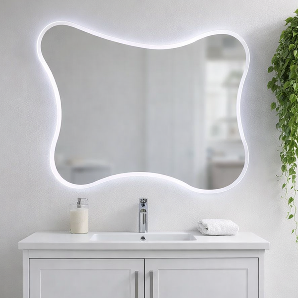 Moderner Badezimmerspiegel in organischer, gewellter Form mit integrierter LED-Beleuchtung über einem weißen Waschtisch.