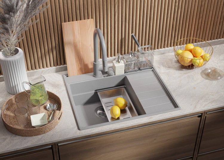 PRIMAGRAN Spülbecken Grau 62x53cm, Granitspüle 1 Becken + Ablauf-Set + Küchenzubehörset, Küchenspüle ab 45er Unterschrank - Sydney Pocket
