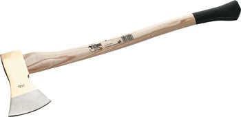 Spaltbeil mit Hickory-Holzstiel und schwarzem Griffende, Kopfgewicht 1250 Gramm.