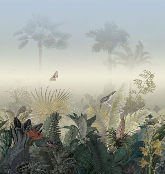 Tapete mit Dschungelmotiv mit Palmen, Pflanzen und Tieren