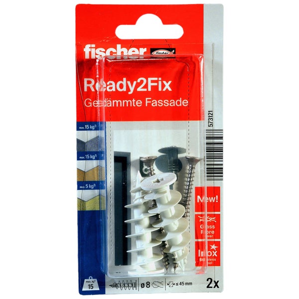 Fischer Ready2Fix Befestigungsset für gedämmte Fassaden, bestehend aus 2 Kunststoffdübeln und 2 Edelstahlschrauben, Durchmesser 8 Millimeter.