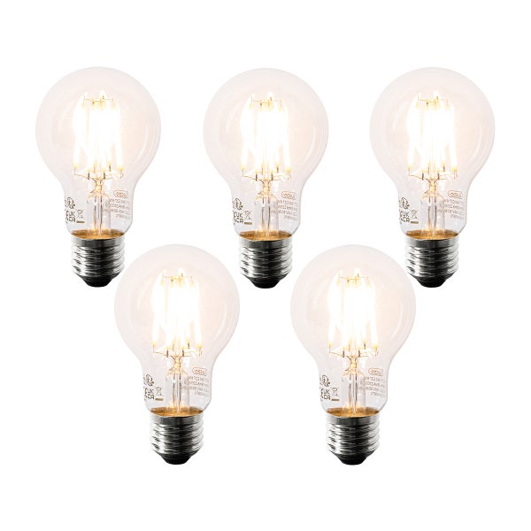 Fünf LED-Filament-Leuchtmittel in Birnenform mit E27-Sockel und klarem Glas.